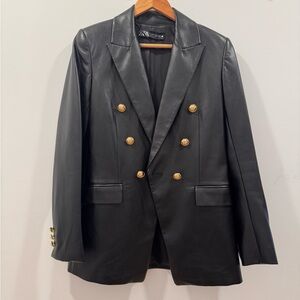 Zara Faux Leather Black Blazer with Gold Accents